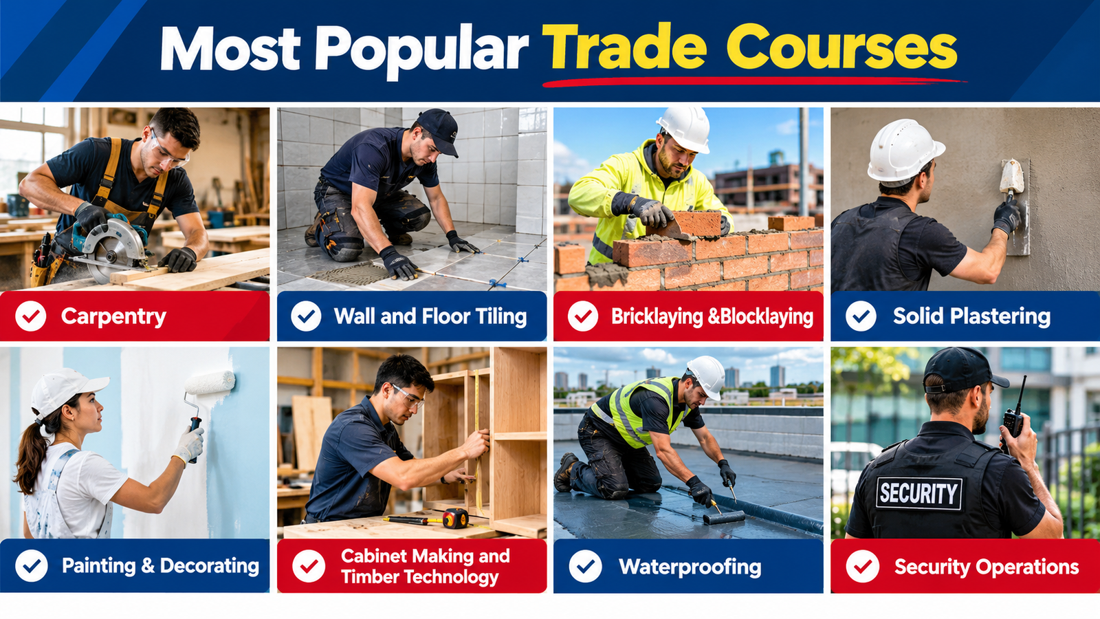 Most Popular Trade Courses including Carpentry, Wall and Floor Tiling, Bricklaying and Blocklaying, Solid Plastering, Painting and Decorating, Cabinet Making and Timber Technology, Waterproofing, and Security Operations